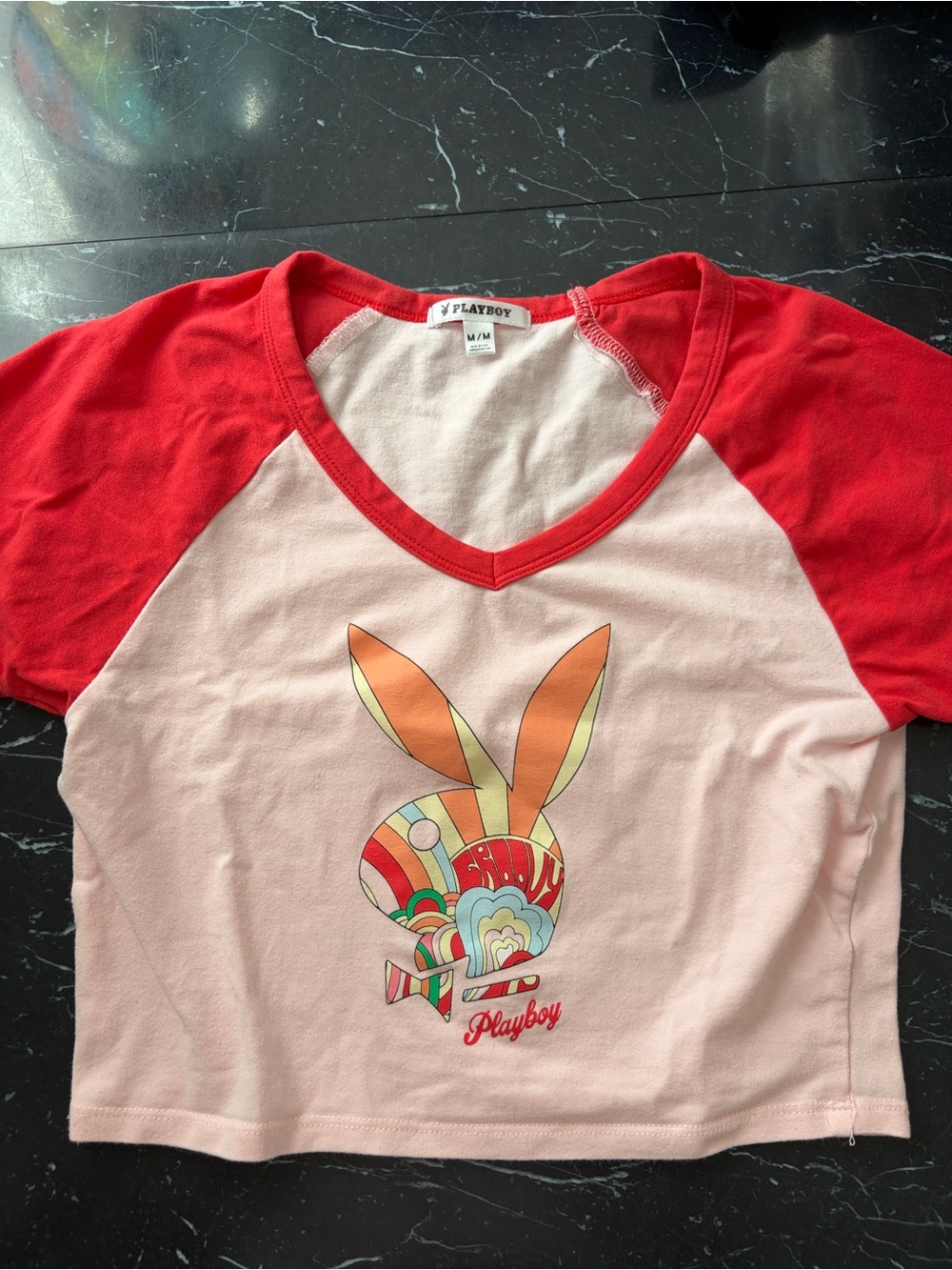 Urban planet PLAYBOY Pink & Red Raglan V‑Neck Graphic Tee